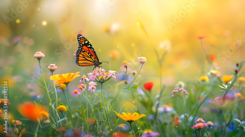 Butterfly Flying Over Colorful Wildflower Meadow © Thawatchai