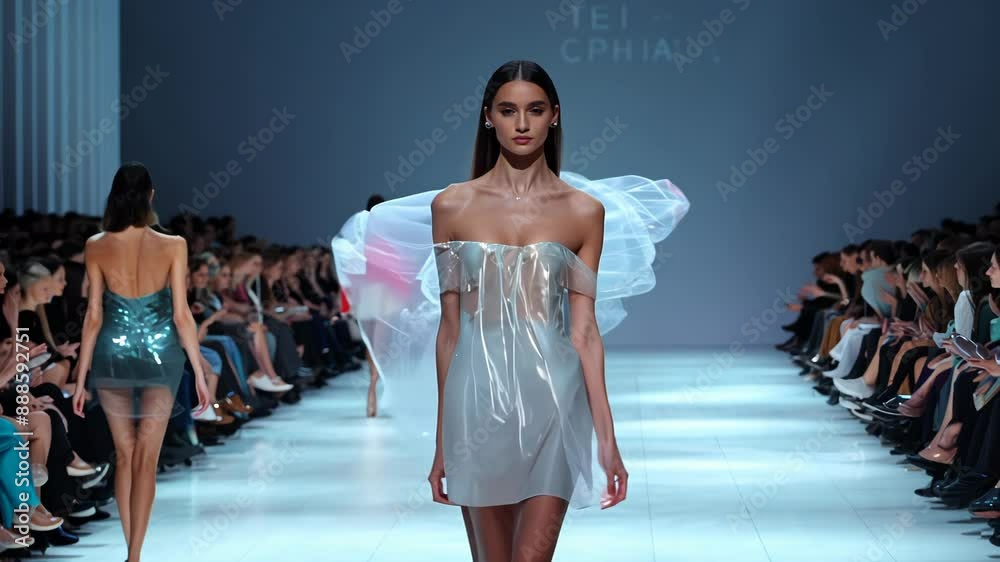 Models gracefully stride down illuminated runway, showcasing diaphanous ...