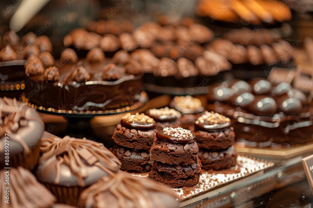 Delicious chocolate cakes and cookies displayed in a bakery. Tempting and freshly baked desserts showcasing rich chocolate flavors and delightful treats, perfect for sweet tooth cravings. Delicious chocolate cakes and cookies displayed in a bakery. Tempting and freshly baked desserts showcasing rich chocolate flavors and delightful treats, perfect for sweet tooth cravings.