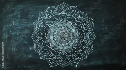 Chalkdrawn floral mandala on a blackboard, overhead shot, soft focus, intricate and artistic style photo