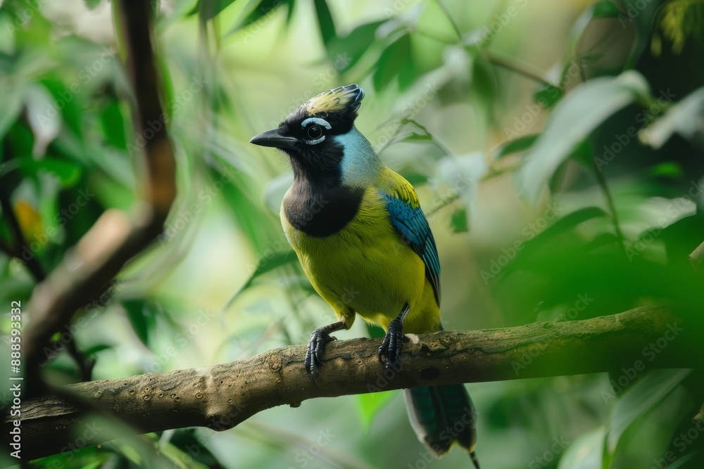 Fototapeta premium Green and Blue Jay Perched on a Branch