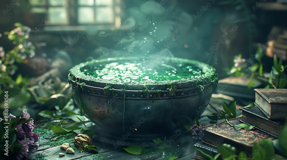 Witch's Brew, A cauldron bubbling with green potion, surrounded by spell books and mystical herbs. Witch's Brew, A cauldron bubbling with green potion, surrounded by spell books and mystical herbs.