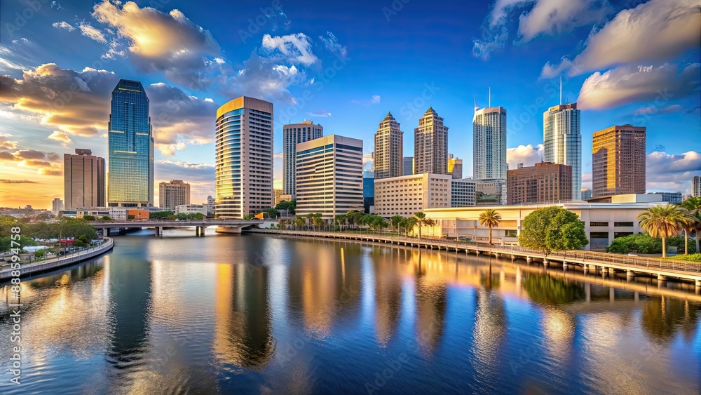 Obraz premium A panoramic view of downtown Tampa with the skyline and waterfront in view, Tampa, Florida, cityscape, skyline