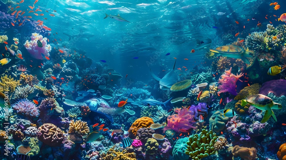 Obraz premium Vibrant and expansive underwater coral reef panorama