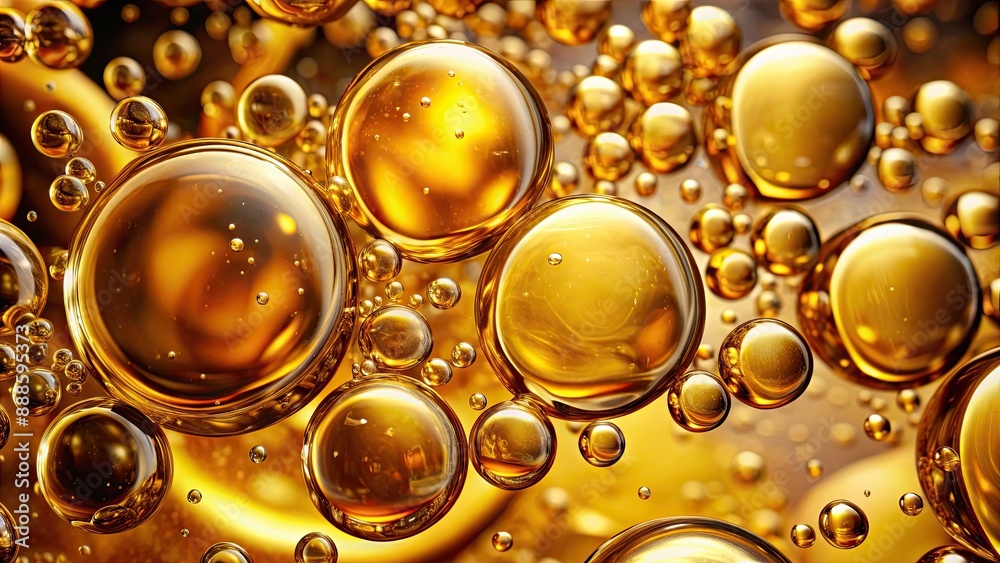 Close-up view of shimmering golden oil bubbles suspended in clear liquid, oil, bubbles, golden,close-up, abstract, shimmering Close-up view of shimmering golden oil bubbles suspended in clear liquid, oil, bubbles, golden,close-up, abstract, shimmering