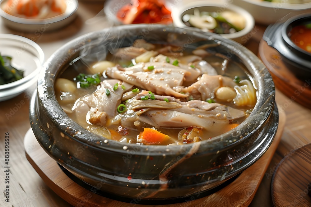 A photo showing a delicious Asian-style stew made by boiling well-prepared chicken and various healthy herbal ingredients in broth to help restore energy, served in an earthen pot. A photo showing a delicious Asian-style stew made by boiling well-prepared chicken and various healthy herbal ingredients in broth to help restore energy, served in an earthen pot.