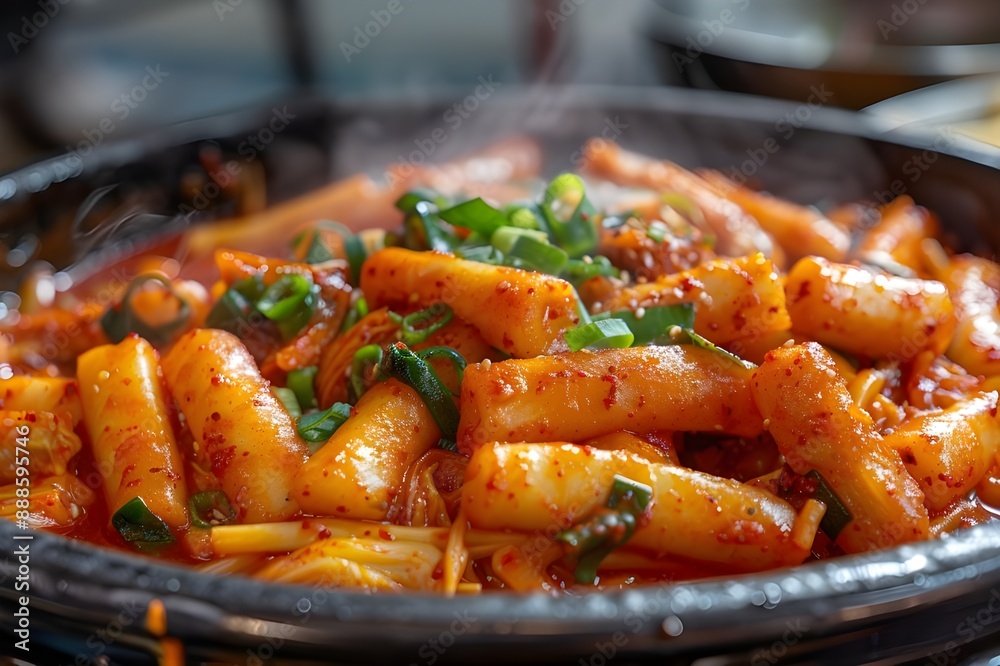 A close-up photo of a large container filled with tteokbokki, a chewy traditional Korean food with sweet and spicy red sauce, on a table at a Korean snack bar. A close-up photo of a large container filled with tteokbokki, a chewy traditional Korean food with sweet and spicy red sauce, on a table at a Korean snack bar.
