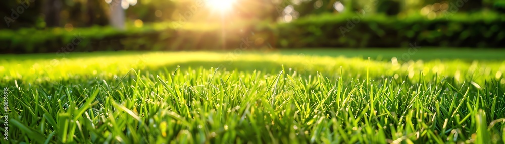 Lush green grass in a wellmaintained garden, early morning light, closeup, fresh and vibrant Lush green grass in a wellmaintained garden, early morning light, closeup, fresh and vibrant