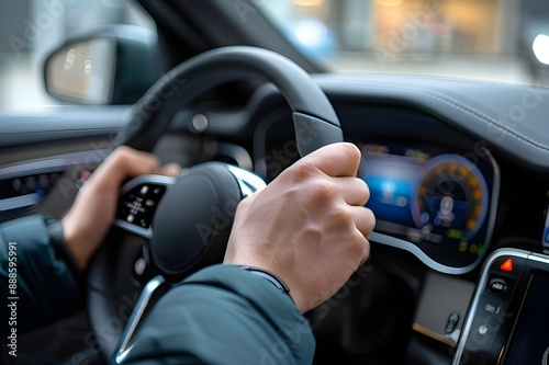Close-up photo of interior steering wheel of luxury sedan car with driver in suit