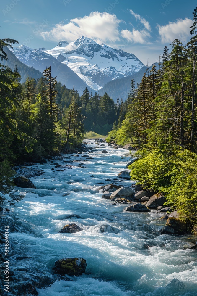 A beautiful landscape of a mountain stream in a valley