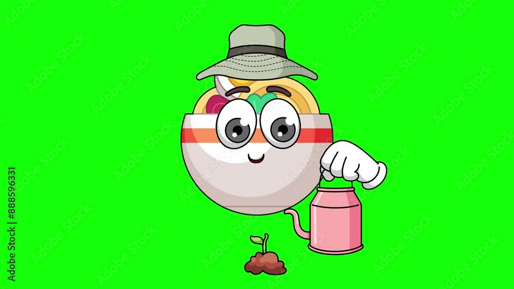 noodle bowl cartoon is watering a plant, wearing a sun hat noodle bowl cartoon is watering a plant, wearing a sun hat