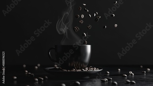 Dark Cup of Coffee with Rising Steam and Falling Coffee Beans, Surrounded by Scattered Beans on Saucer and Table