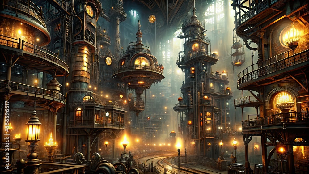 Obraz premium Dark steampunk world with intricate metal structures and glowing lights, Steampunk, Dark, Mysterious, rendering