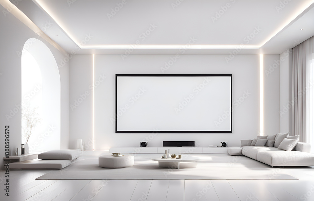 minimalistic interior design, Living room, home theater, huge projection screen, white decoration style, bright environment, side view, minimalist style, ultra-realistic minimalistic interior design, Living room, home theater, huge projection screen, white decoration style, bright environment, side view, minimalist style, ultra-realistic
