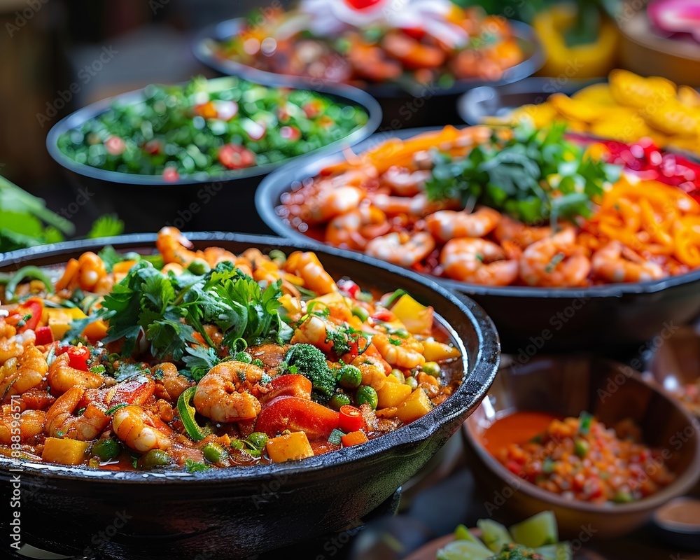 Capture the vibrant colors and textures of exotic dishes up close, showcasing the essence of culinary tours Emphasize the details that evoke a sense of worldwide gastronomic adventure Capture the vibrant colors and textures of exotic dishes up close, showcasing the essence of culinary tours Emphasize the details that evoke a sense of worldwide gastronomic adventure