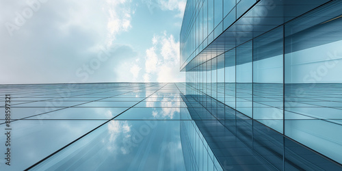  Modern glass skyscraper reflecting blue sky and clouds symbolizing contemporary architecture and innovation ,Sleek glass building with sky reflection representing urban development and modern