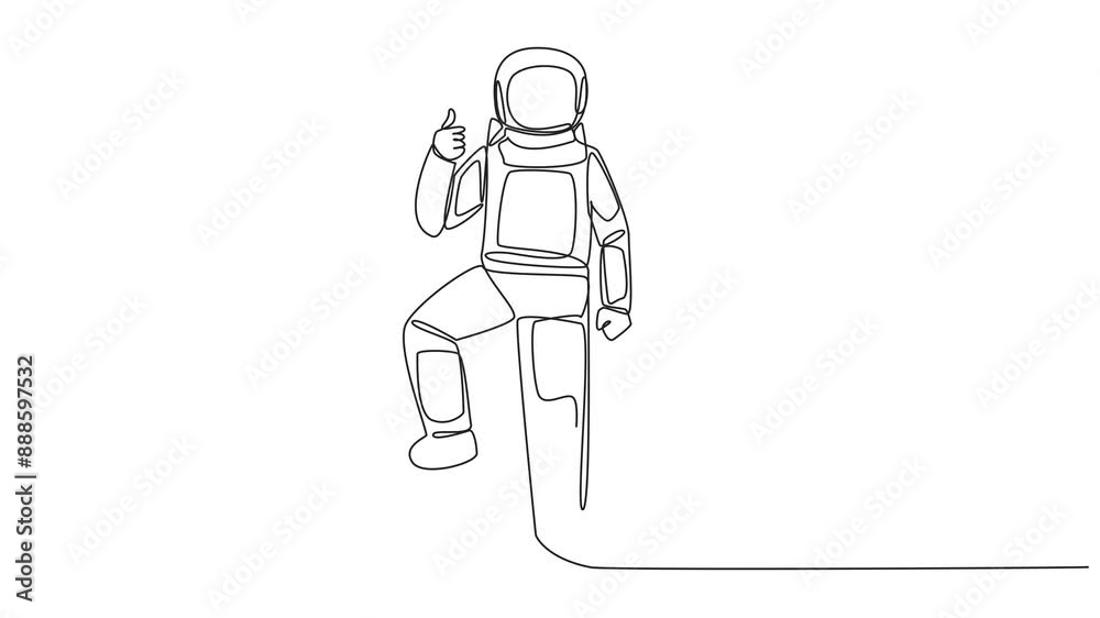 Animation of continuous one line drawing astronaut stands with thumbs ...