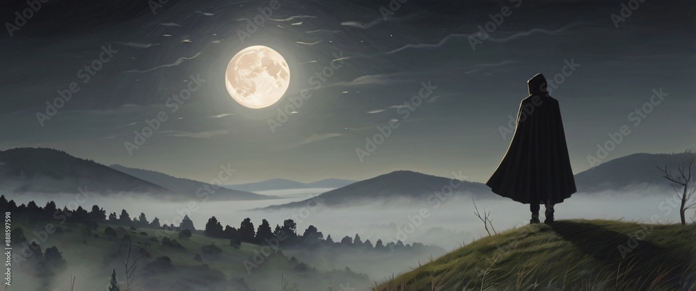 illustration of mysterious silhouette figure wearing cloak at quiet hill with mist at night illustration of mysterious silhouette figure wearing cloak at quiet hill with mist at night