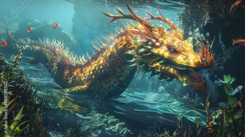 Sea dragon monster underwater, fantasy digital art illustration