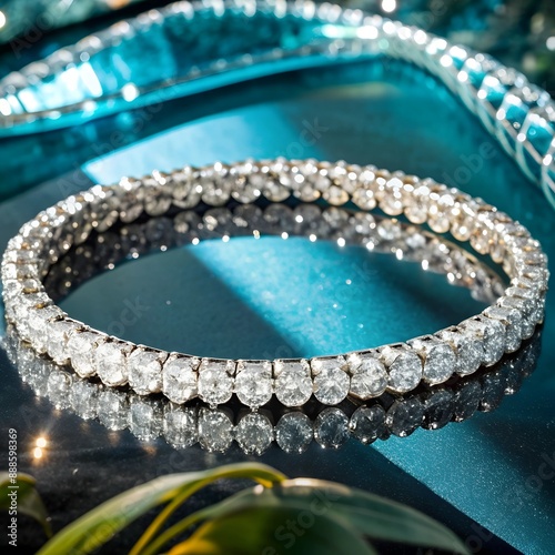 Closeup of a sparkling diamond necklace reflecting on a blue surface photo