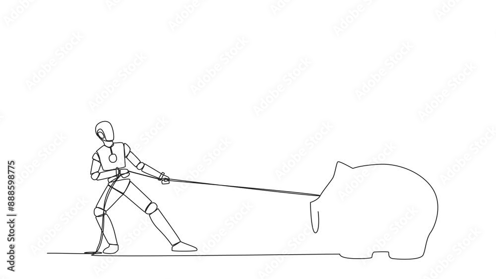 Animation of single continuous line drawing smart robot tries to take piggy bank stepped on by giant foot. With artificial intelligence, pulling with a rope. Technology AI. Full length motion Animation of single continuous line drawing smart robot tries to take piggy bank stepped on by giant foot. With artificial intelligence, pulling with a rope. Technology AI. Full length motion