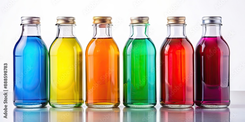 Bottle filled with colorful liquid on a white background, liquid, bottle, colorful, vibrant, isolated, clear,drink, refreshing