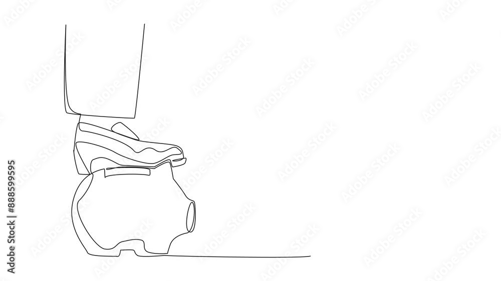 Animation of continuous one line drawing Arab businesswoman nodded in front of the giant foot that stepped on the piggy bank. Request to release assets as additional capital. Full length motion Animation of continuous one line drawing Arab businesswoman nodded in front of the giant foot that stepped on the piggy bank. Request to release assets as additional capital. Full length motion