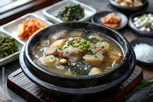 A photo showing a delicious Asian-style stew made by boiling well-prepared chicken and various healthy herbal ingredients in broth to help restore energy, served in an earthen pot.