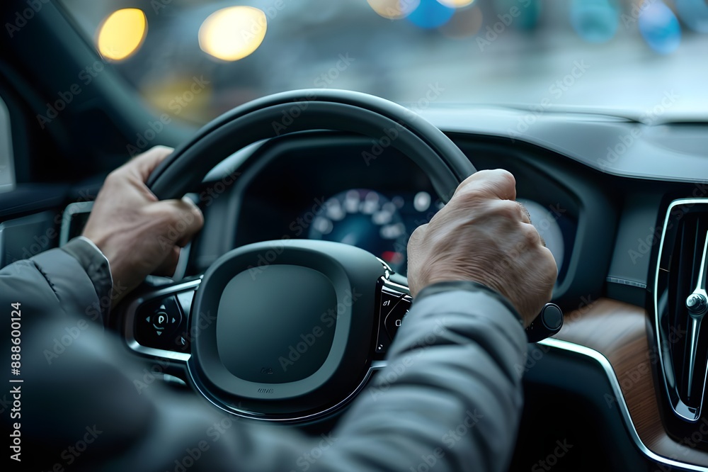 Close-up photo of interior steering wheel of luxury sedan car with driver in suit Close-up photo of interior steering wheel of luxury sedan car with driver in suit