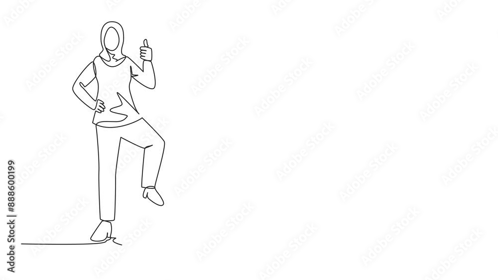Self drawing animation of single continuous line drawing Arabian businesswoman stands with thumbs up pose and steps on money bag with one of her foot. Success is worth announcing. Full length animated Self drawing animation of single continuous line drawing Arabian businesswoman stands with thumbs up pose and steps on money bag with one of her foot. Success is worth announcing. Full length animated