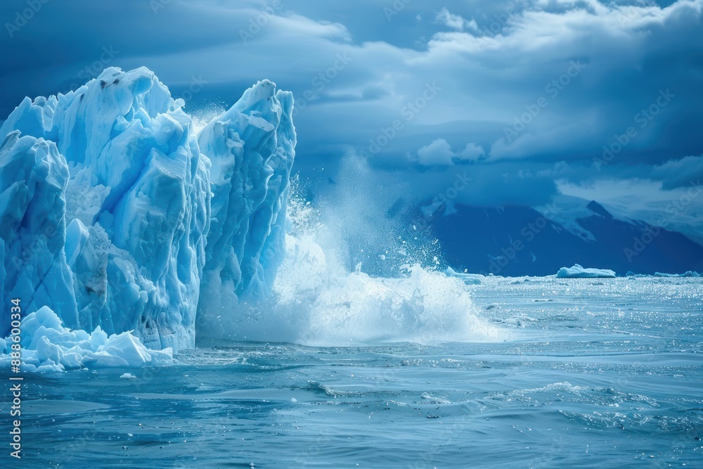 Glacier ice calving into the ocean, climate change concept, reminder of the fragility of Earth's ecosystems Glacier ice calving into the ocean, climate change concept, reminder of the fragility of Earth's ecosystems