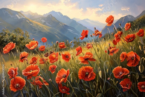 A field of vibrant poppies basking in the warm sunlight, with mountains gently rising behind them.