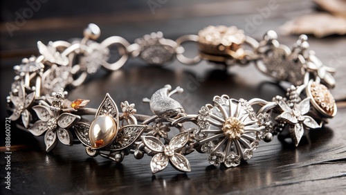 Ornate silver and gold floral and fauna bracelet on a dark wood surface photo