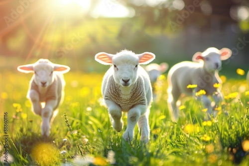 Happy lambs running in the meadow bright sunny day bokeh background