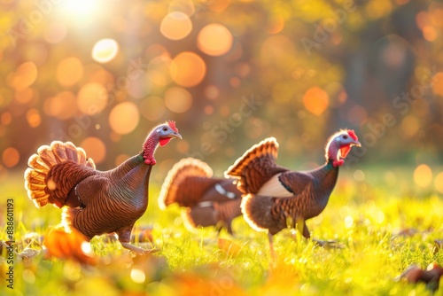 Happy Turkeys running in the meadow bright sunny day bokeh background