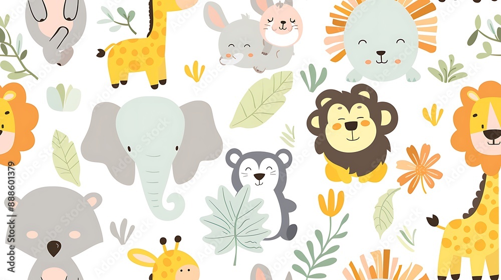 Fototapeta premium Seamless pattern with cute cartoon animals and leaves