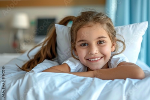 Wallpaper Mural Kid girl patient smiling while lying in a bright modern hospital bed, depicting a healthcare concept Torontodigital.ca
