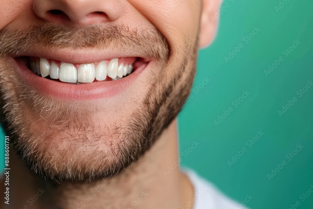 Fototapeta premium man mouth or teeth smiling, hygiene or dental cleaning cosmetic service Isolated on green background
