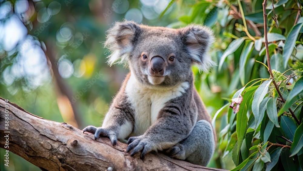 Fototapeta premium A serene koala sitting peacefully in a eucalyptus tree, peaceful, tranquil, calm, relaxation, nature, wildlife, cute, furry