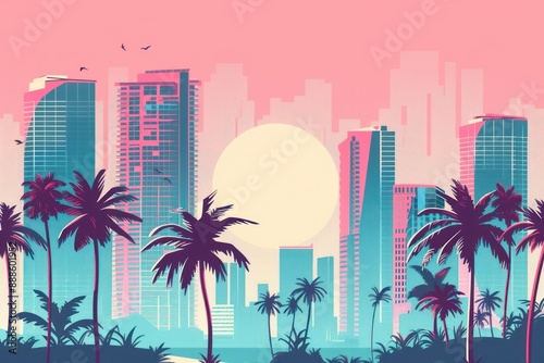 Miami Summer Vibes retro illustration. Vintage pink and blue colors, buildings, California palms, 80s style