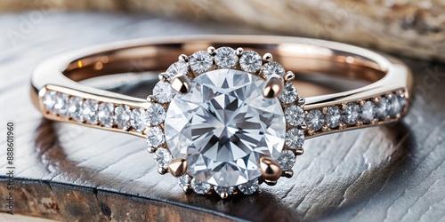 Close up of a beautiful diamond engagement ring on a wooden surface photo
