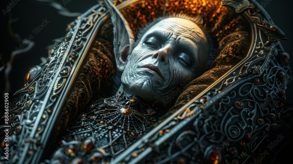 Obraz premium A detailed close-up of an ancient vampire lying in an ornate coffin, showcasing the intricate design and eerie ambiance.