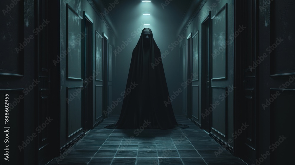 A shadowy, hooded figure stands ominously in a dimly lit hallway, creating a haunting and eerie atmosphere. A shadowy, hooded figure stands ominously in a dimly lit hallway, creating a haunting and eerie atmosphere.