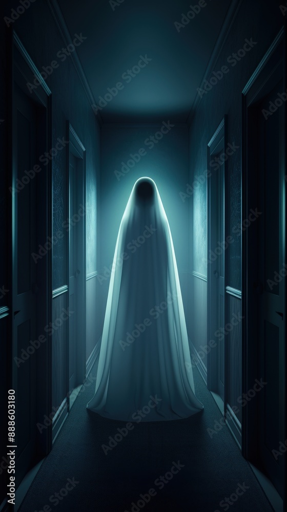 Eerie figure cloaked in white standing in a dimly lit hallway, evoking a sense of mystery and suspense. Eerie figure cloaked in white standing in a dimly lit hallway, evoking a sense of mystery and suspense.