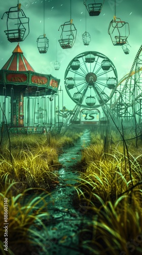 Eerie abandoned amusement park with overgrown grass and derelict rides, including a ferris wheel and swing ride, creating a haunting atmosphere.