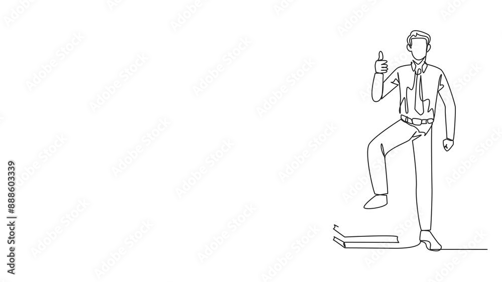 Animation of a single one line drawing businessman standing with thumbs up pose and steps on a stack of banknotes with one of foot. Amazing feeling. Always make a profit. Full length motion Animation of a single one line drawing businessman standing with thumbs up pose and steps on a stack of banknotes with one of foot. Amazing feeling. Always make a profit. Full length motion