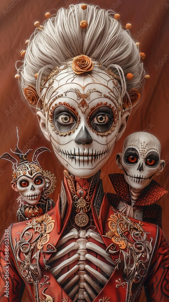Intricate Day of the Dead makeup and costume with detailed skeleton face paint and vibrant decorations for Halloween or cultural celebration. Intricate Day of the Dead makeup and costume with detailed skeleton face paint and vibrant decorations for Halloween or cultural celebration.