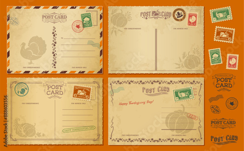 Thanksgiving day vintage antique postcards with postage stamps, vector for retro mail envelopes. Thanksgiving holiday greeting cards with pumpkins, turkey and cornucopia harvest on vintage postcards