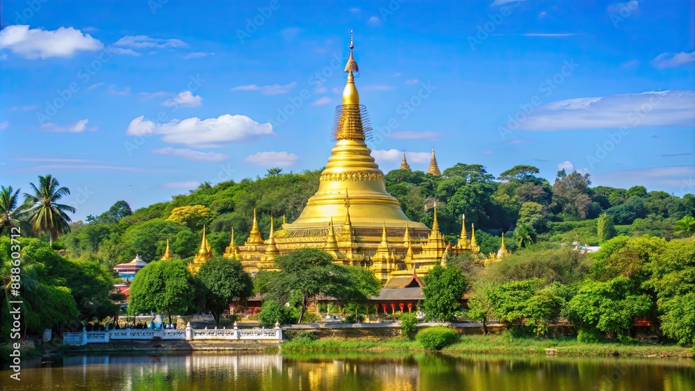 Majestic golden pagoda in Myanmar surrounded by lush greenery and blue sky, Golden Rock Pagoda, Myanmar, temple Majestic golden pagoda in Myanmar surrounded by lush greenery and blue sky, Golden Rock Pagoda, Myanmar, temple