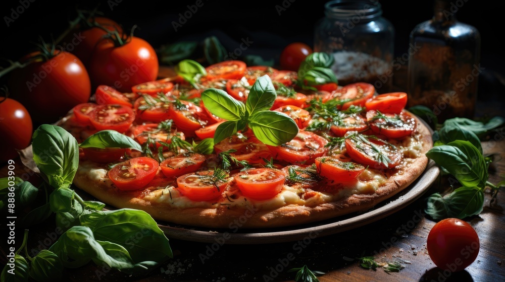 pizza with tomatoes and basil,A meal in July.In a restaurant in Rome, they serve pizza, pasta, a pizza with tomatoes and basil,A meal in July.In a restaurant in Rome, they serve pizza, pasta, a